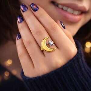 Mixed Metal Celestial Moon Star Open Adjustable Ring 316L Stainless Steel Gold